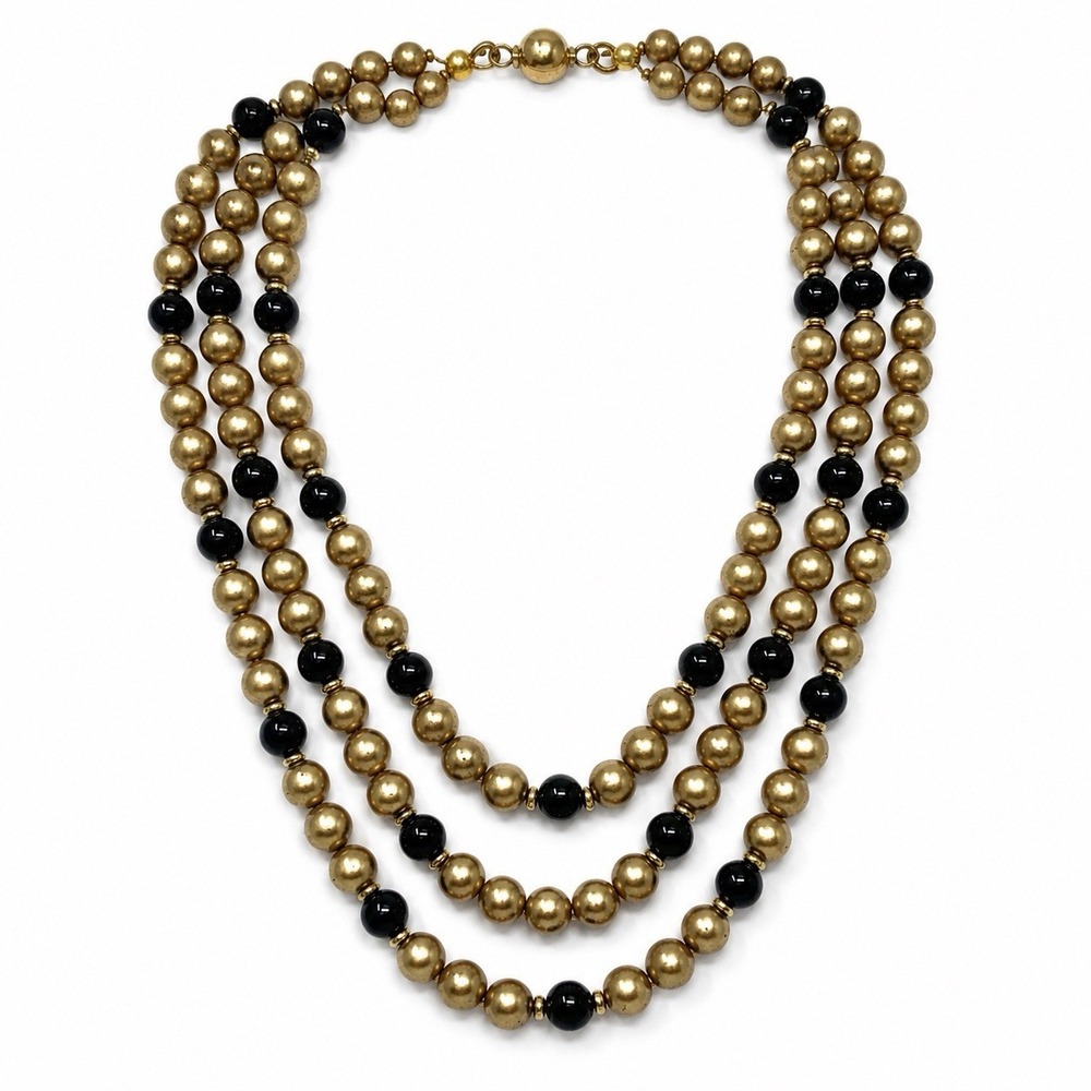 Vintage 1950s 3 Strand Black Gold Tone Bead Necklace Bib Choker Woven Box Clasp